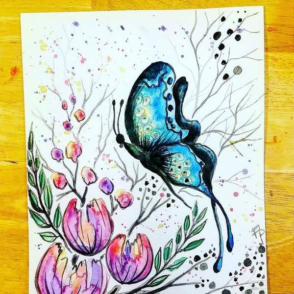 Blue Butterfly and flowers Print